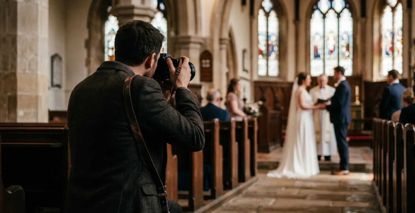 Photographe de mariage capturant discrètement un moment spontané lors d'une cérémonie