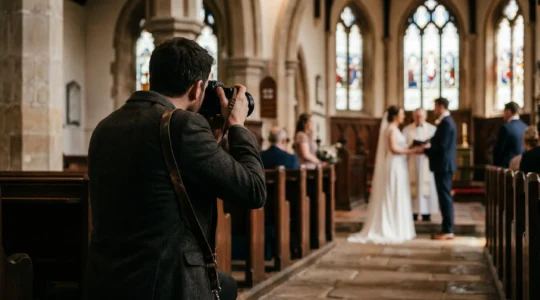 Photographe de mariage capturant discrètement un moment spontané lors d'une cérémonie