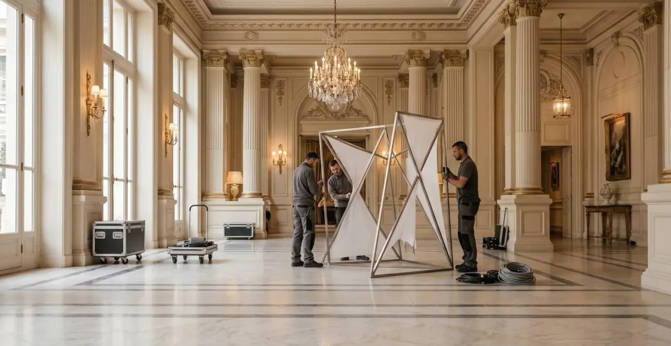 Équipe événementielle travaillant discrètement dans le hall luxueux d'un palace parisien pendant les heures de montage