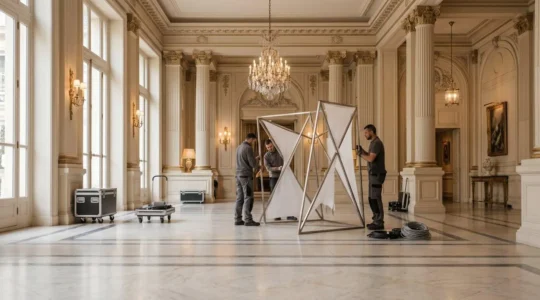 Équipe événementielle travaillant discrètement dans le hall luxueux d'un palace parisien pendant les heures de montage