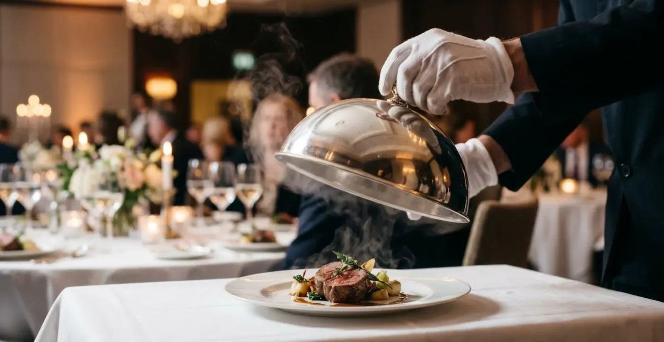 Service à l'assiette cloché lors d'un banquet de prestige avec serveurs professionnels