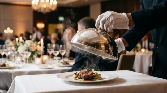 Service à l'assiette cloché lors d'un banquet de prestige avec serveurs professionnels