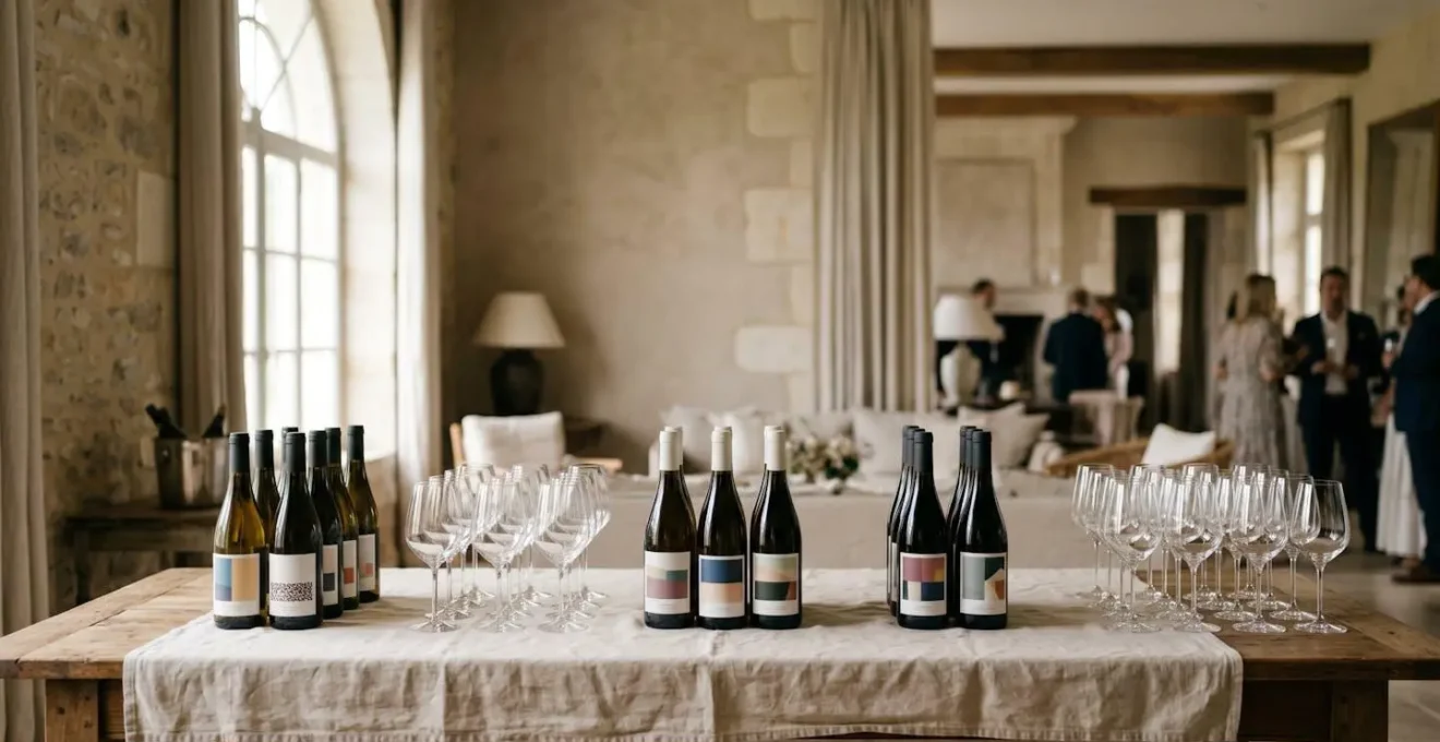 Service élégant de vins lors d'un grand événement, mettant en valeur l'organisation professionnelle et la qualité des bouteilles