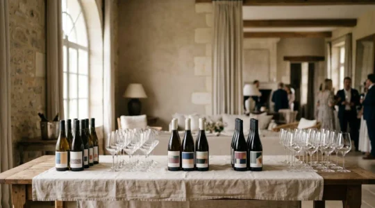 Service élégant de vins lors d'un grand événement, mettant en valeur l'organisation professionnelle et la qualité des bouteilles