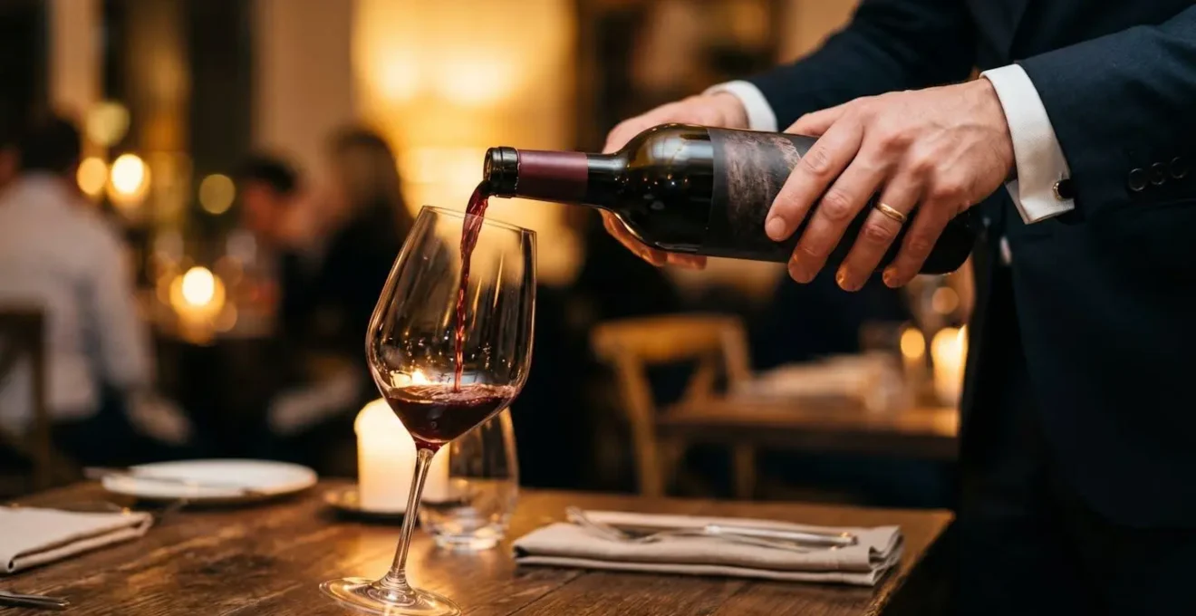 Un sommelier effectuant le service du vin avec élégance lors d'un repas gastronomique