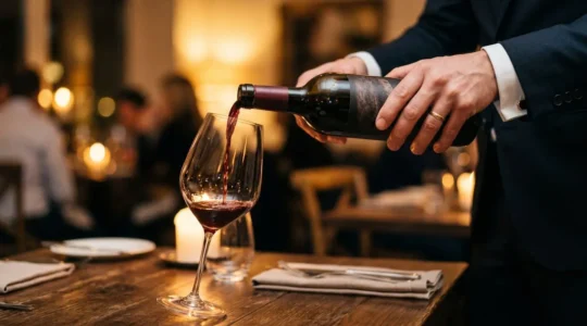 Un sommelier effectuant le service du vin avec élégance lors d'un repas gastronomique