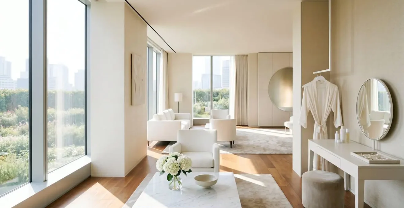 Vaste suite nuptiale baignée de lumière naturelle avec grandes fenêtres, espace organisé et décor élégant pour préparatifs de mariage