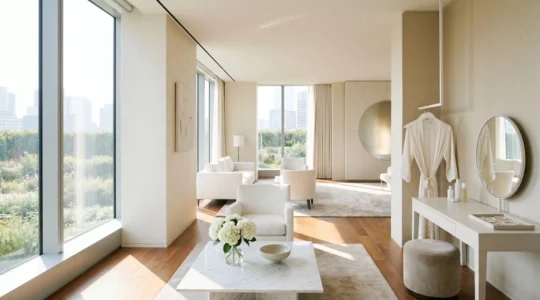 Vaste suite nuptiale baignée de lumière naturelle avec grandes fenêtres, espace organisé et décor élégant pour préparatifs de mariage