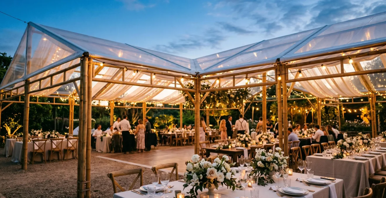 Vue élégante d'une réception de mariage sous une tente transparente avec éclairage chaleureux au crépuscule