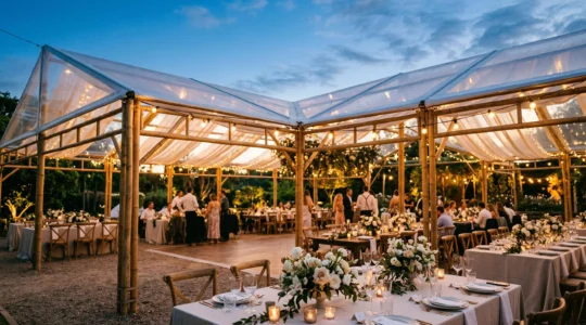 Vue élégante d'une réception de mariage sous une tente transparente avec éclairage chaleureux au crépuscule
