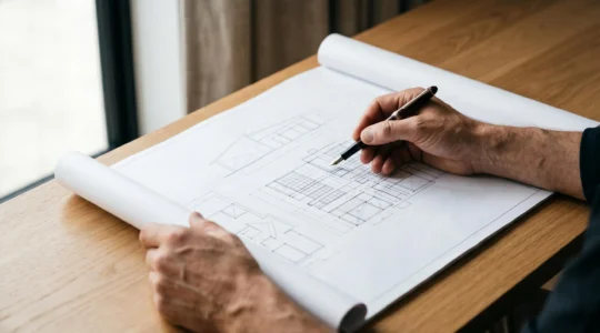 Personne vérifiant attentivement les clauses d'un contrat de location, entourée de documents juridiques dans un environnement professionnel
