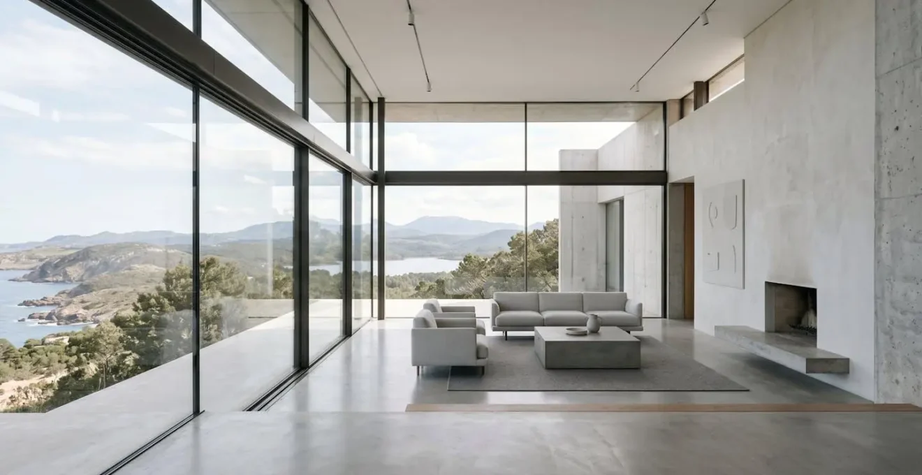 Intérieur de villa minimaliste avec grande baie vitrée, mobilier épuré et palette neutre