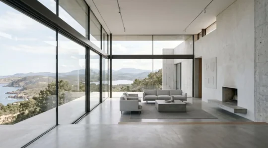 Intérieur de villa minimaliste avec grande baie vitrée, mobilier épuré et palette neutre