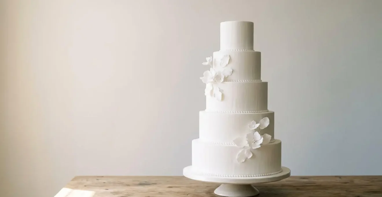 Gâteau de mariage à cinq étages avec structure de support visible et détails architecturaux professionnels