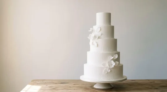 Gâteau de mariage à cinq étages avec structure de support visible et détails architecturaux professionnels