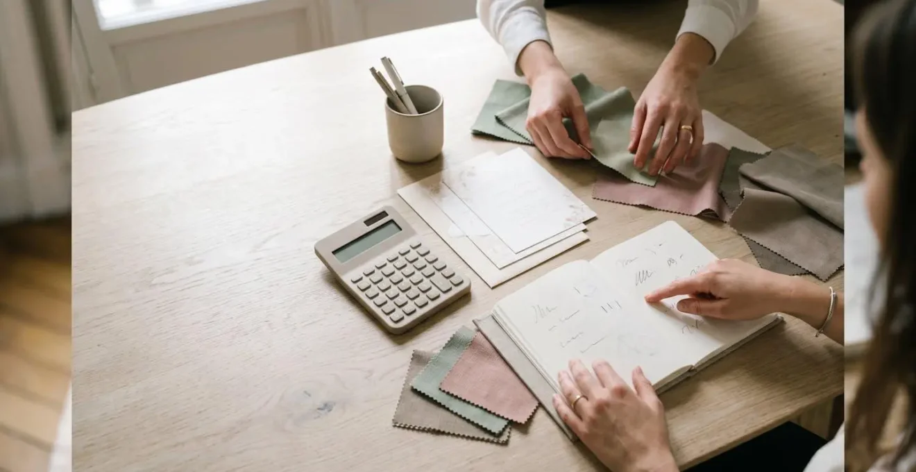 Mains de professionnels sur un bureau en train d'examiner des documents budgétaires et une calculatrice pour un mariage