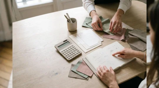 Mains de professionnels sur un bureau en train d'examiner des documents budgétaires et une calculatrice pour un mariage